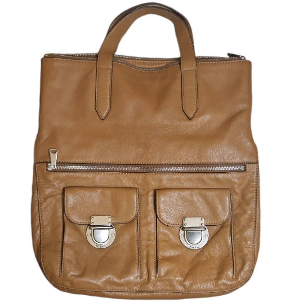 Fossil - Tan/Brown Leather Satchel Bag with Silver Hardware - LN